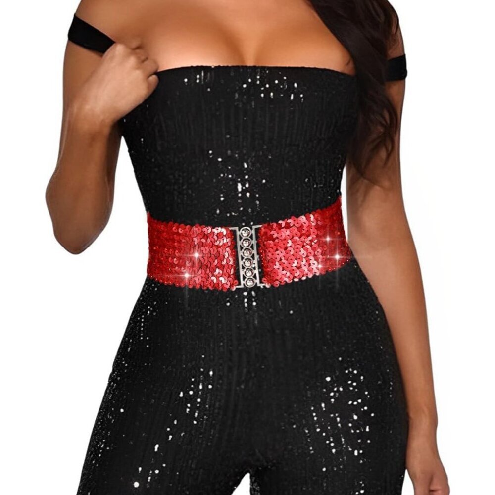 Women Sequin Wide Waist Belt Elastic Glamorous Dress Belt Stylish Accessory